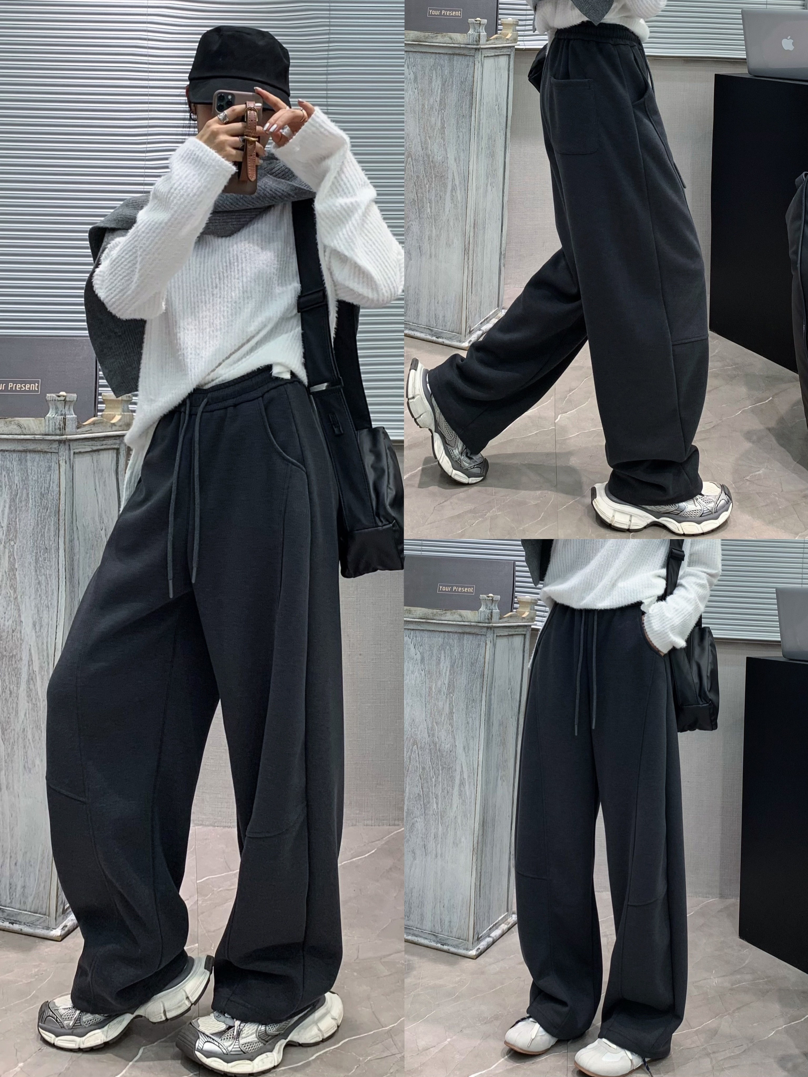 womens casual polyester wide leg joggers loose fabric sweatpants solid color long length with shearling waist with drawstring for weekend details 0