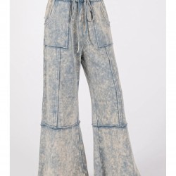 1pc Women'S Casual Cotton Wide Leg Pants with Drawstring and Pockets, Color Block Pattern, All-Season Loose Fit, Woven Fabric - Adult Fashion