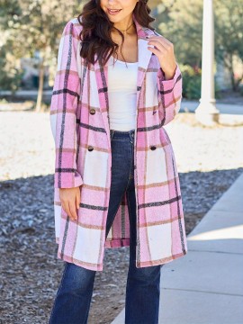 Chic Women's Plaid Long Coat - Double-Breasted, Lapel Collar with Full-Length Sleeves | Warm & Cozy for Fall/Winter | Machine Washable