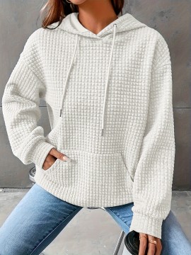 Plus Size Solid Color Waffle Long Sleeve Hooded Sweatshirt, Casual Drawstring Kangaroo Pocket Hoodie, Women's Clothing
